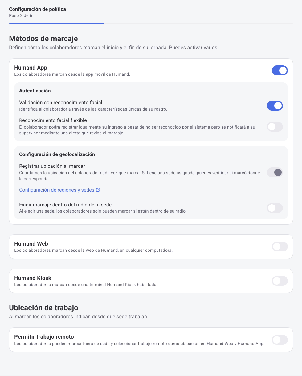 Paso 2 de 6: Humand App activo con opciones de autenticación y geolocalización