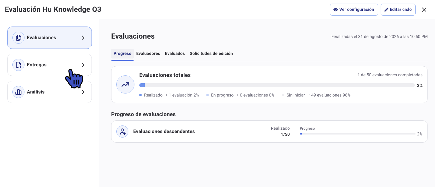 Vista de un ciclo de evaluación con las secciones Evaluaciones, Entregas y Análisis
