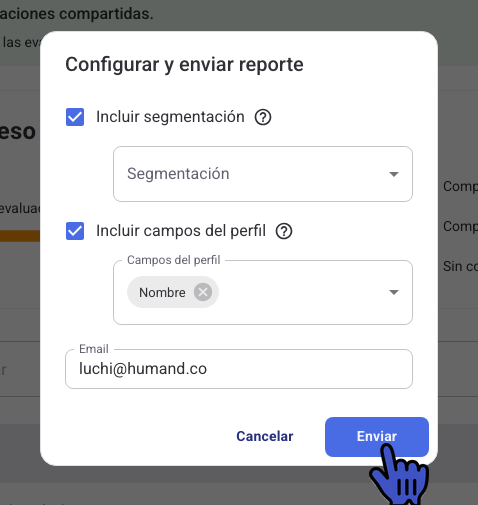 Ventana Configurar y enviar reporte con las opciones de segmentación, campos del perfil y email