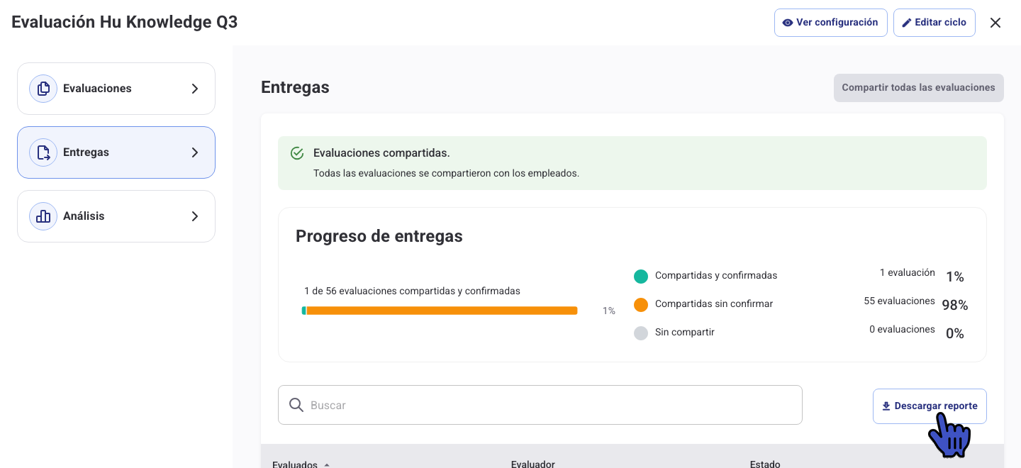 Sección Entregas de un ciclo finalizado con el botón Descargar reporte