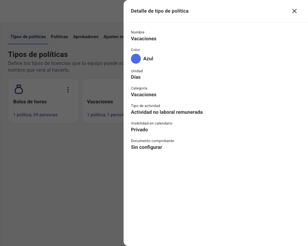 Detalle de tipo de política con la categoría y el tipo de actividad