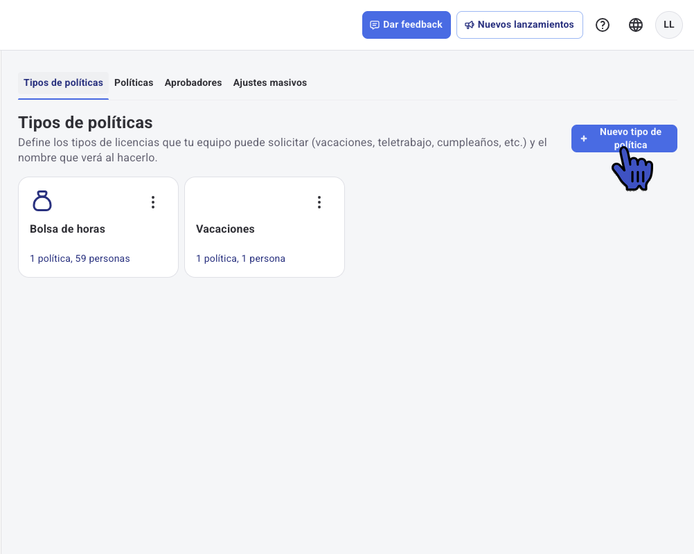 Pestaña Tipos de políticas con el botón Nuevo tipo de política