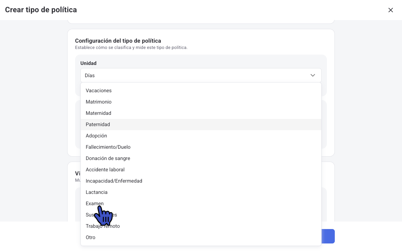 Lista de categorías disponibles para un tipo de política