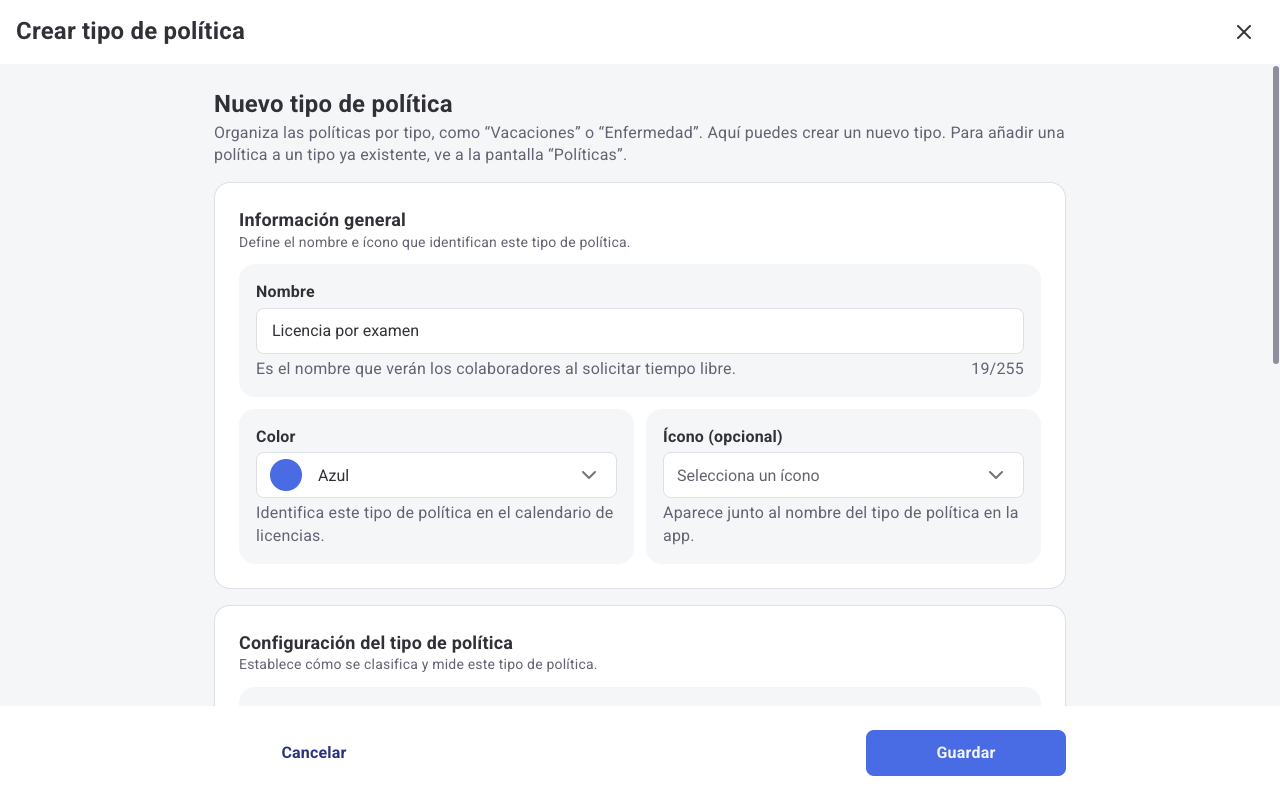 Sección Información general del formulario Nuevo tipo de política