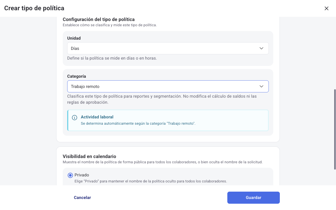 Categoría Trabajo remoto con el tipo de actividad Actividad laboral asignado automáticamente