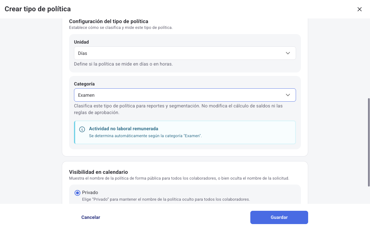 Tipo de actividad asignado automáticamente según la categoría Examen