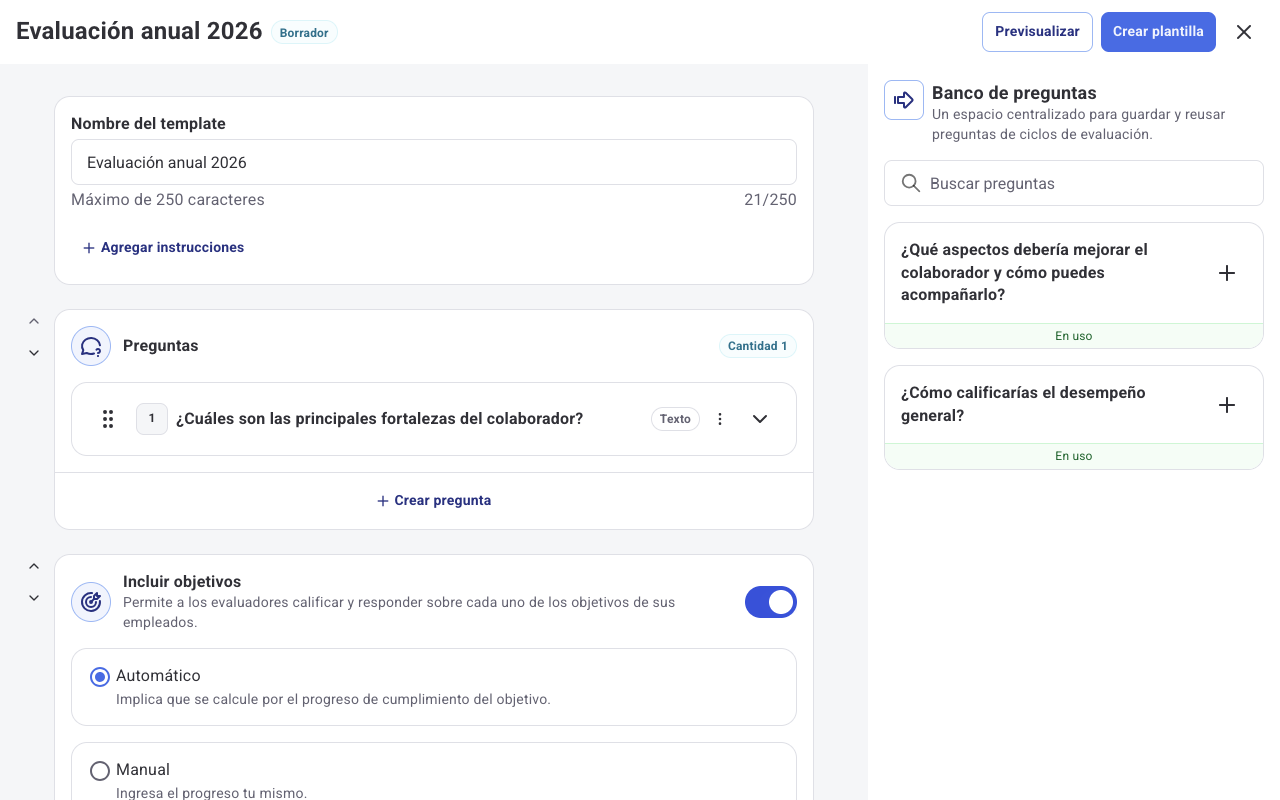 Sección Preguntas con una pregunta agregada desde el Banco de preguntas