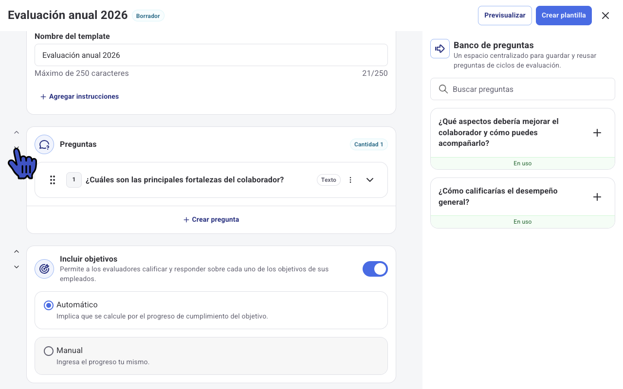 Flechas para mover una sección de la plantilla hacia arriba o hacia abajo
