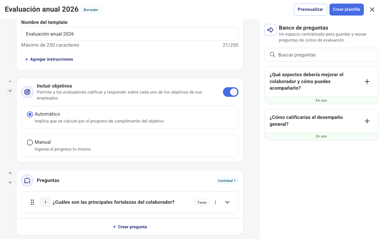 Plantilla con la sección de objetivos ubicada antes que la de preguntas