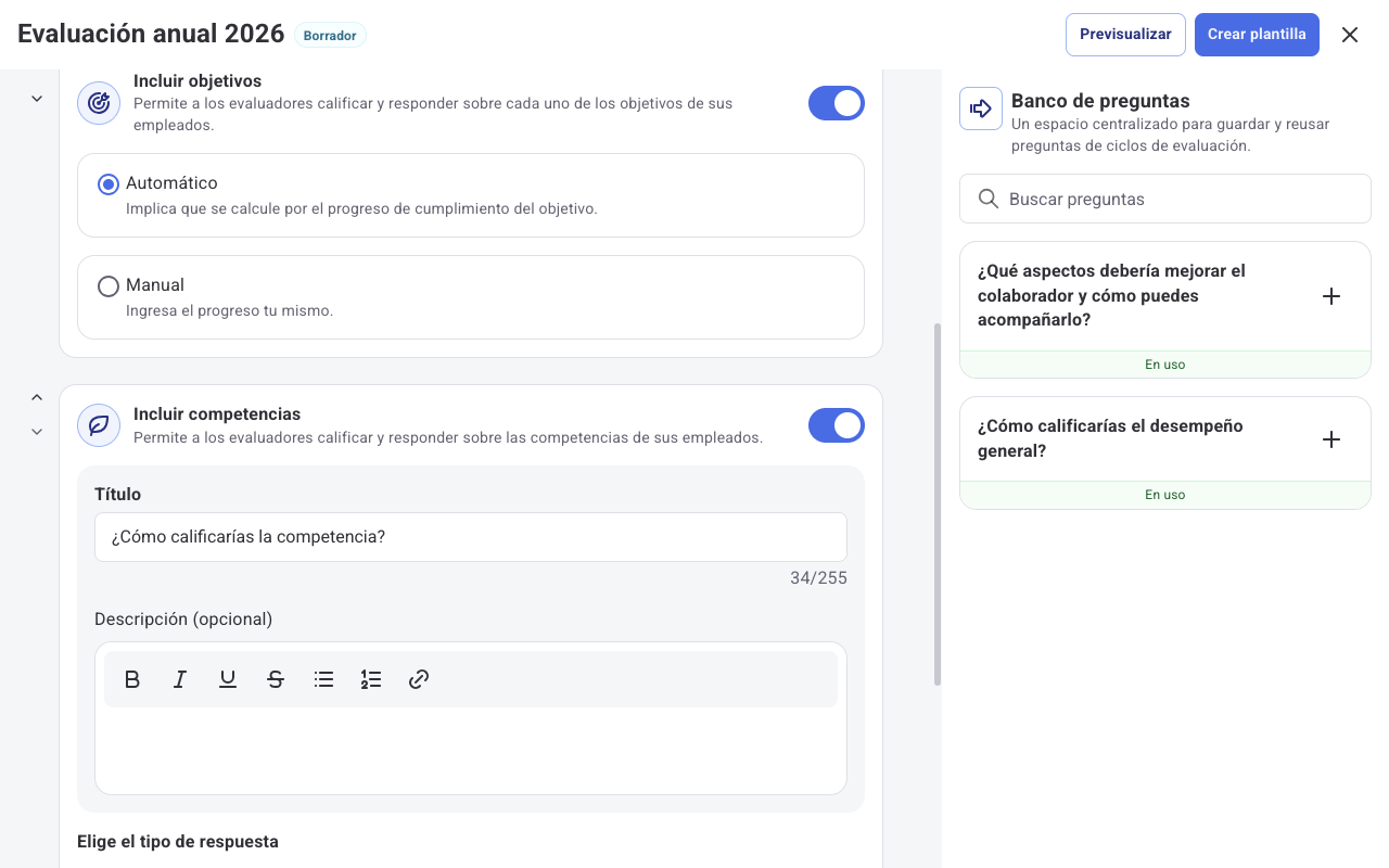Secciones Incluir objetivos e Incluir competencias activadas
