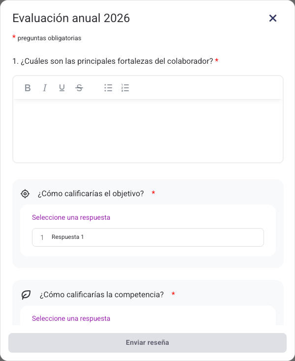 Previsualización de una plantilla de evaluación