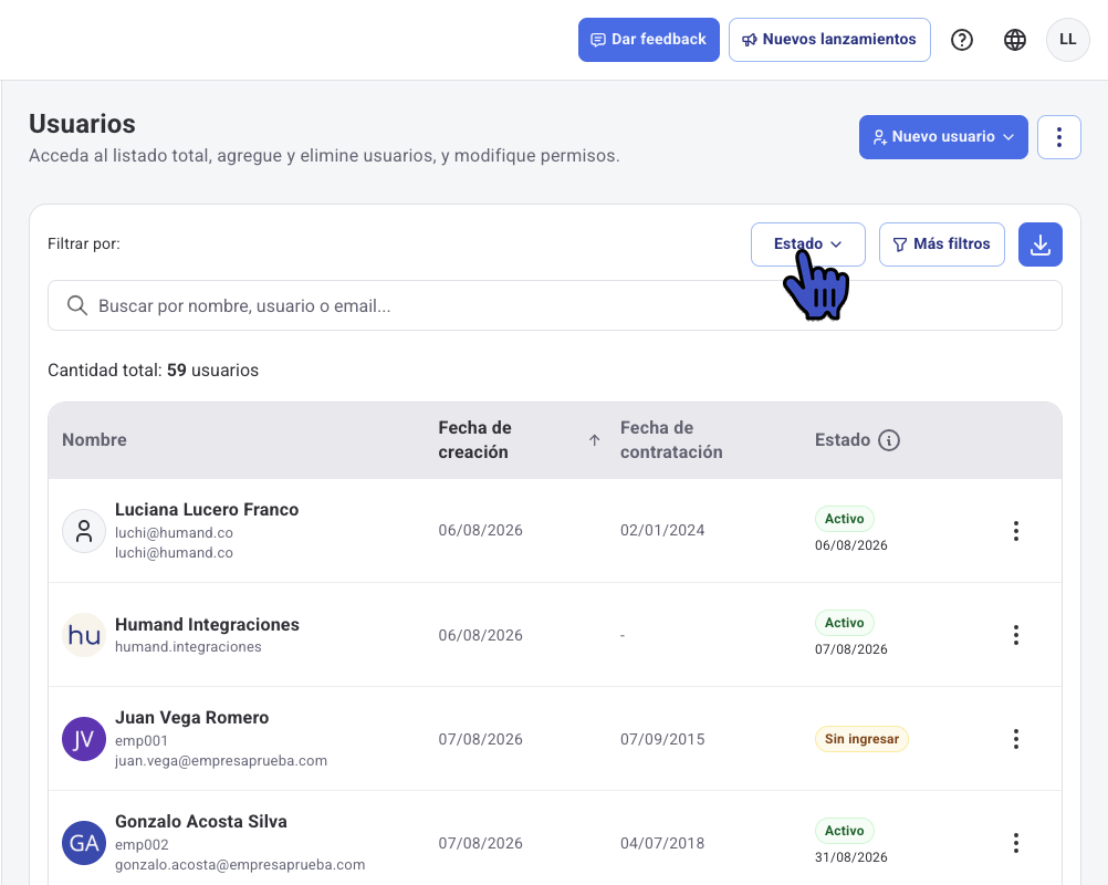 Lista de Usuarios con los filtros Estado y Más filtros y el botón de descarga