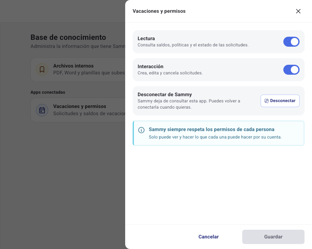 Panel de Vacaciones y permisos con las opciones Lectura, Interacción y Desconectar de Sammy