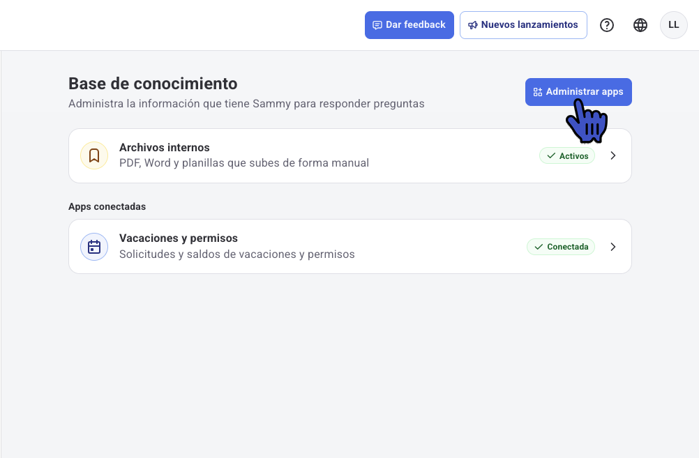 Base de conocimiento de Sammy AI con el botón Administrar apps
