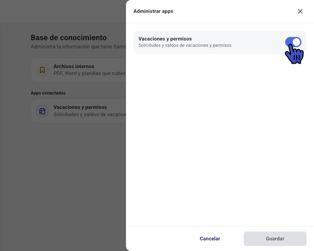 Panel Administrar apps con Vacaciones y permisos activada