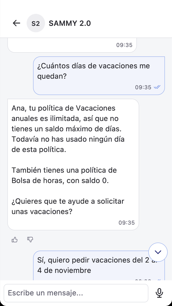 Respuesta de Sammy con el saldo de vacaciones en la app