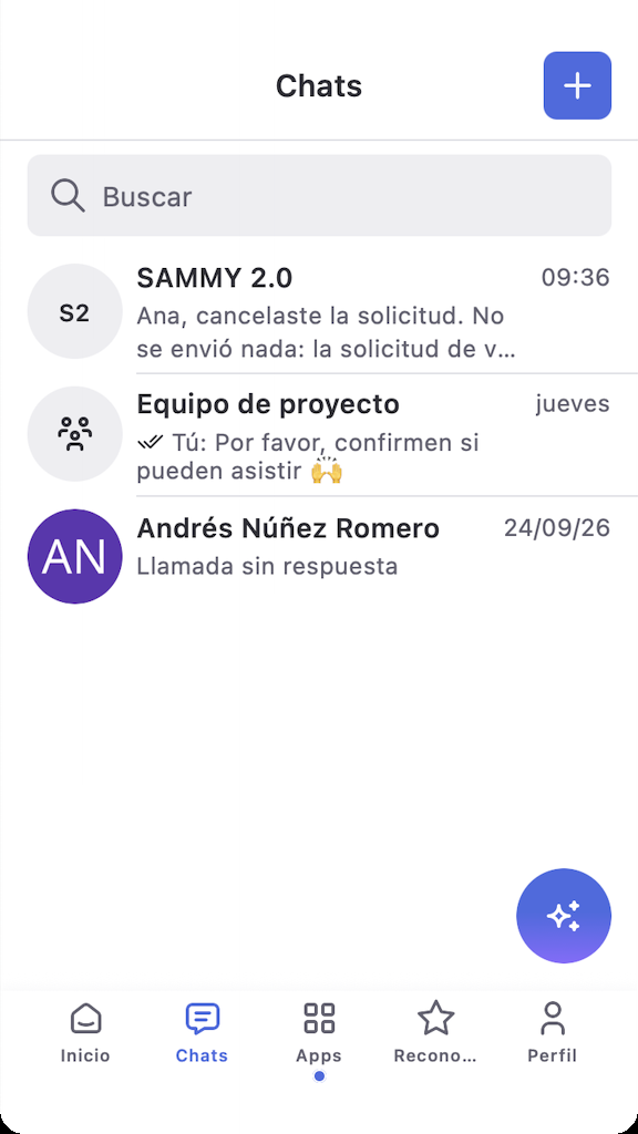 Chats de la app con el botón de Sammy