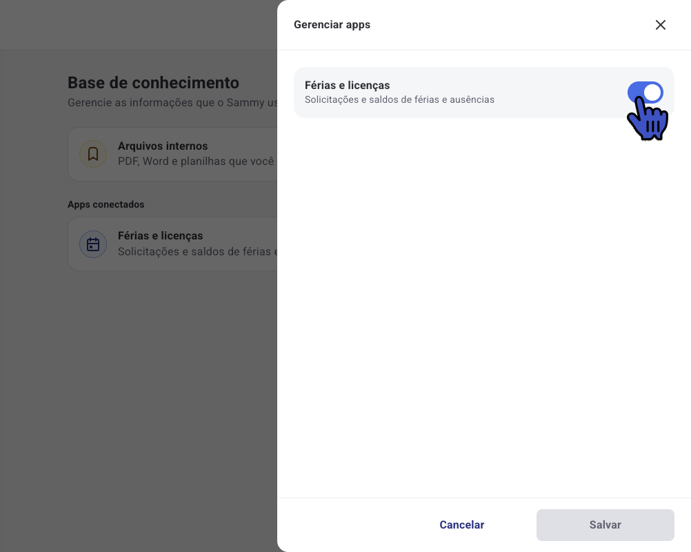 Painel Gerenciar apps com Férias e licenças ativado