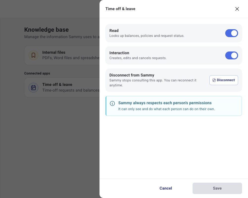 Time off & leave panel with the Read, Interaction and Disconnect from Sammy options