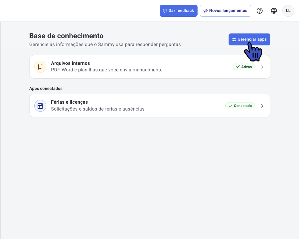 Base de conhecimento do Sammy AI com o botão Gerenciar apps
