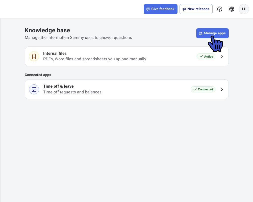 Sammy AI Knowledge base with the Manage apps button