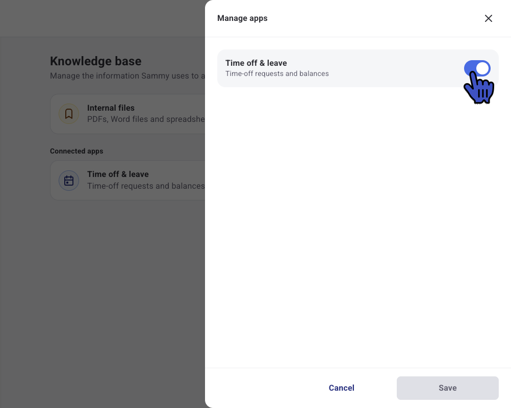 Manage apps panel with Time off & leave turned on