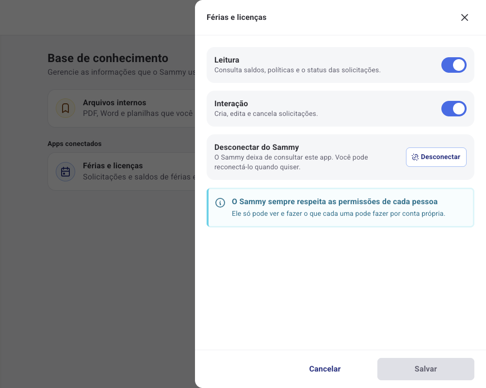 Painel de Férias e licenças com as opções Leitura, Interação e Desconectar do Sammy