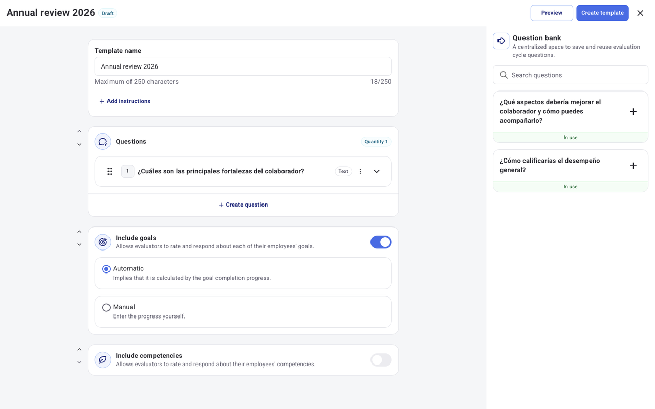 Questions section with a question added from the Question bank