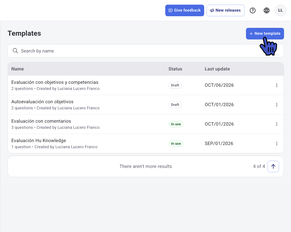 Performance Templates list with the New template button