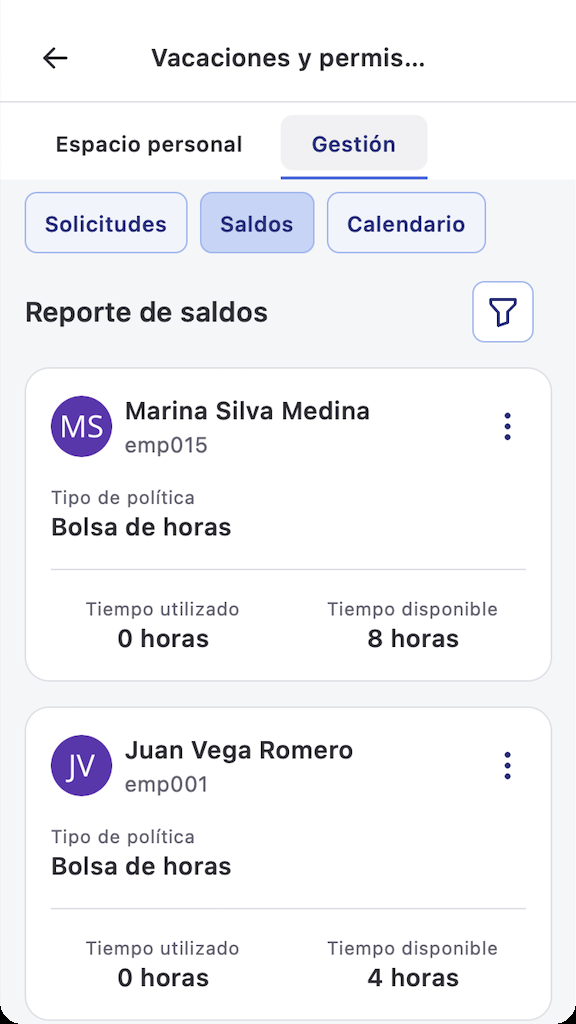 Reporte de saldos de la Bolsa de horas en la pestaña Gestión de Humand App