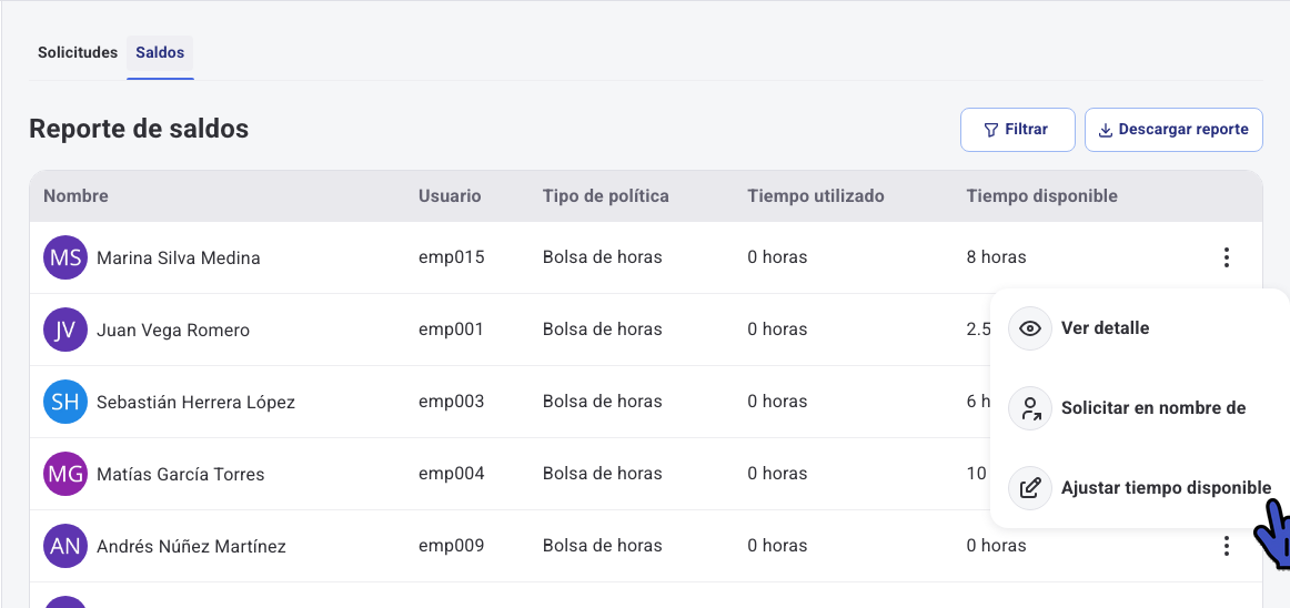 Reporte de saldos de Humand Web con el menú del colaborador abierto y la opción Ajustar tiempo disponible