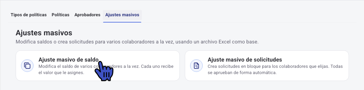 Pestaña Ajustes masivos con la opción Ajuste masivo de saldo