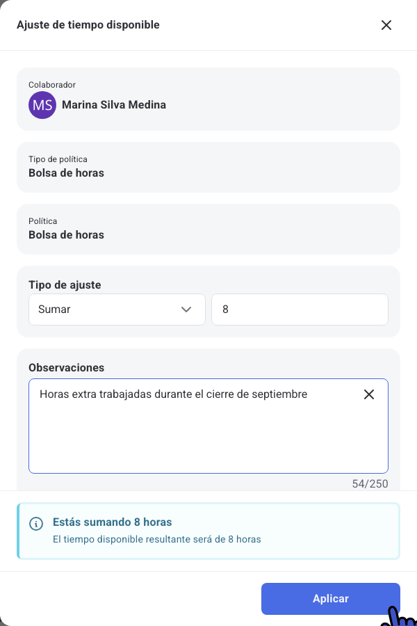 Panel Ajuste de tiempo disponible con el tipo de ajuste Sumar, 8 horas y el tiempo resultante