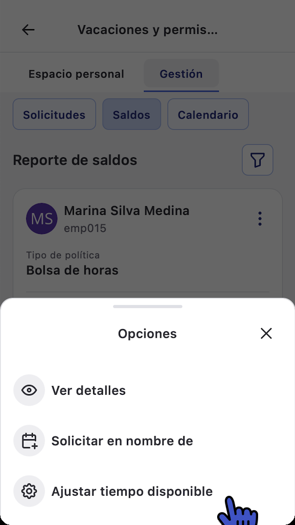 Menú Opciones con la opción Ajustar tiempo disponible