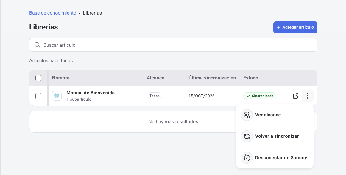 Menú del artículo con las opciones Ver alcance, Volver a sincronizar y Desconectar de Sammy