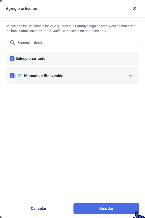Panel Agregar artículos con el artículo Manual de Bienvenida seleccionado