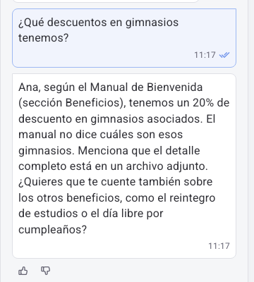 Respuesta de Sammy sobre descuentos en gimnasios basada en el Manual de Bienvenida