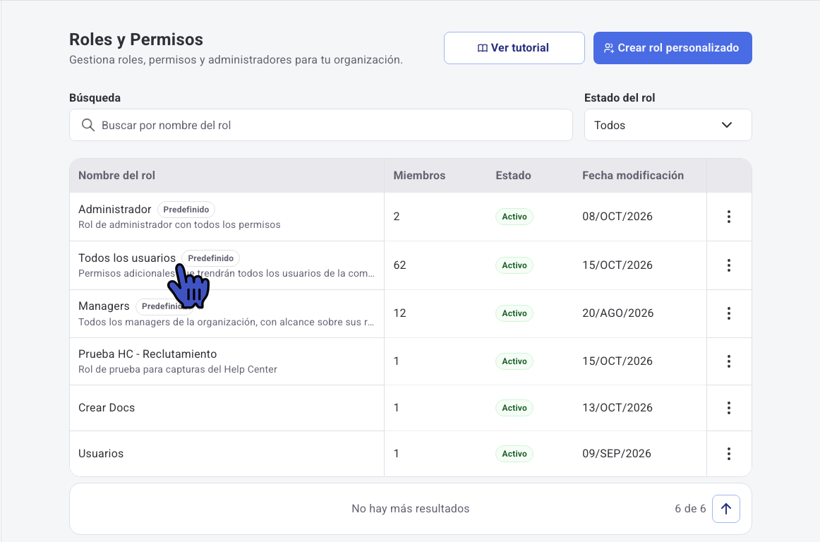 Listado de Roles y Permisos con el rol Todos los usuarios