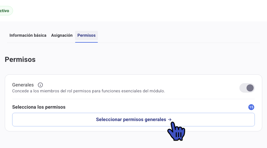Pestaña Permisos del rol con el botón Seleccionar permisos generales