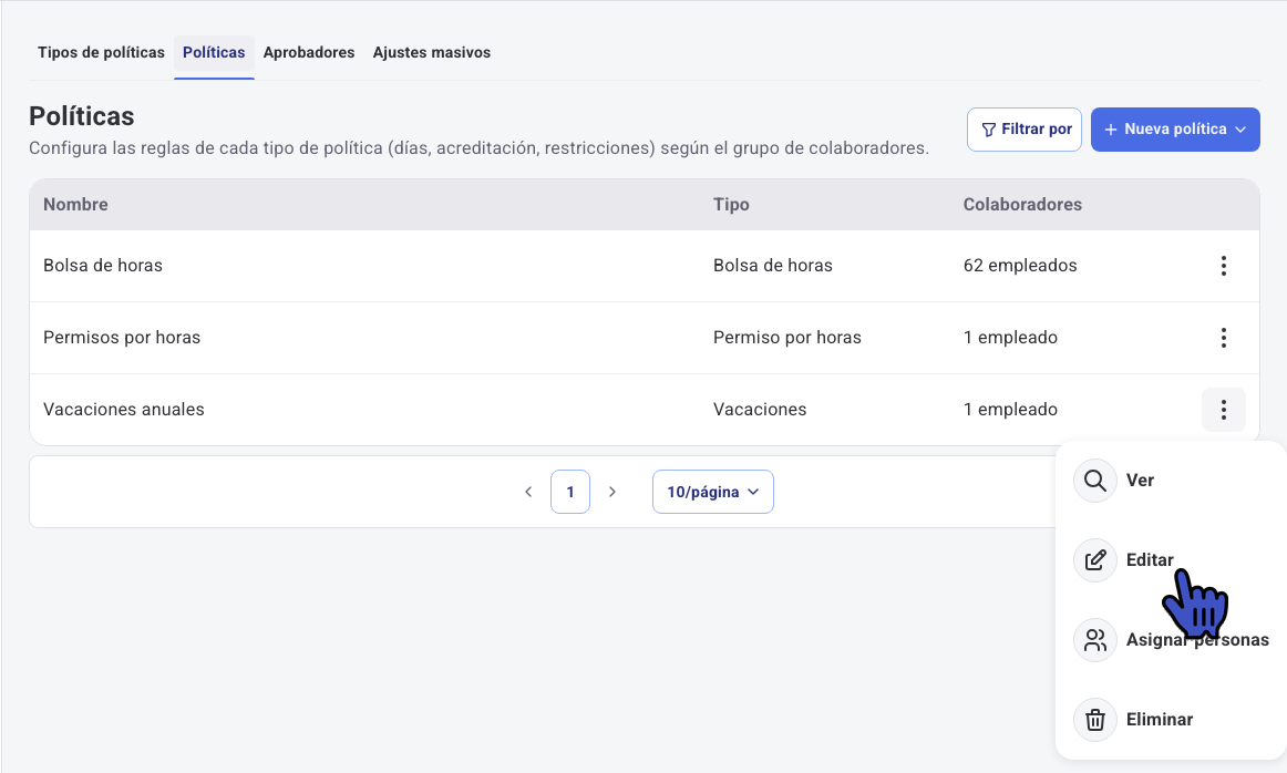 Listado de Políticas con el menú de la política abierto y la opción Editar