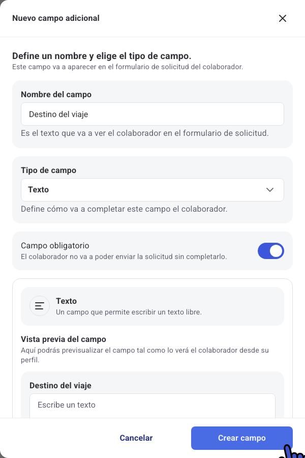 Panel Nuevo campo adicional con el nombre Destino del viaje, tipo Texto y campo obligatorio activado