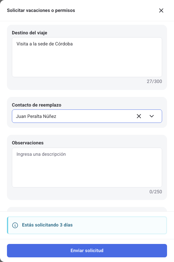 Formulario de solicitud de vacaciones con los campos Destino del viaje y Contacto de reemplazo completos
