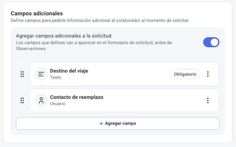 Sección Campos adicionales con los campos Destino del viaje y Contacto de reemplazo