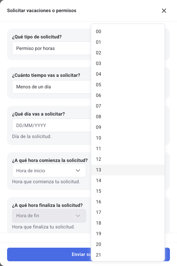 Selector de minutos del formulario de solicitud con todos los minutos de 00 a 59