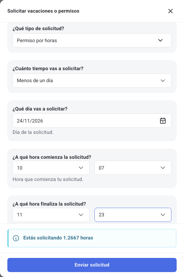 Solicitud de Permiso por horas de 10:07 a 11:23 con el aviso Estás solicitando 1.2667 horas
