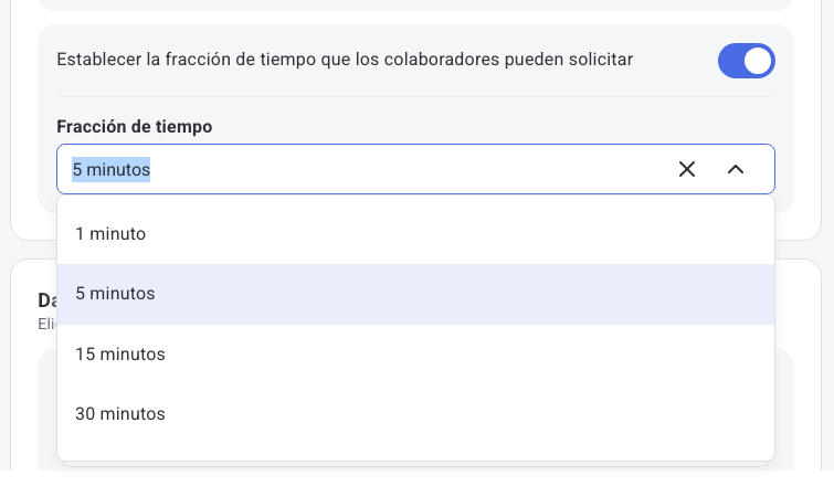 Opción Establecer la fracción de tiempo activada con la lista de fracciones disponibles