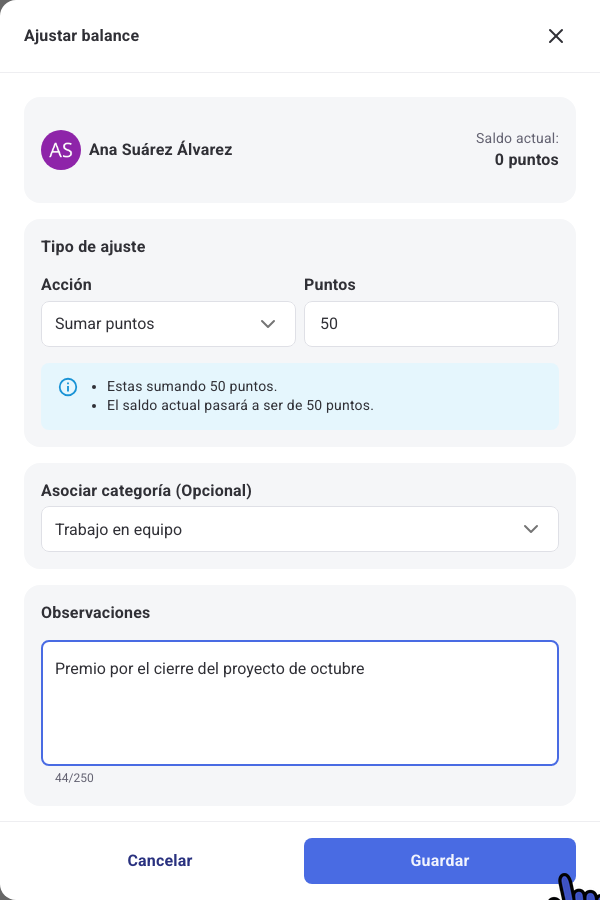 Panel Ajustar balance con la acción Sumar puntos, 50 puntos y la categoría Trabajo en equipo