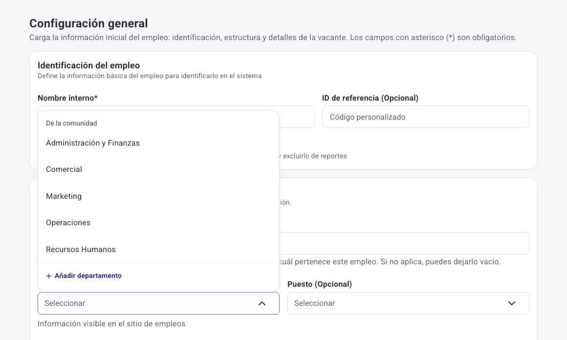 Desplegable Departamento con los departamentos de la comunidad