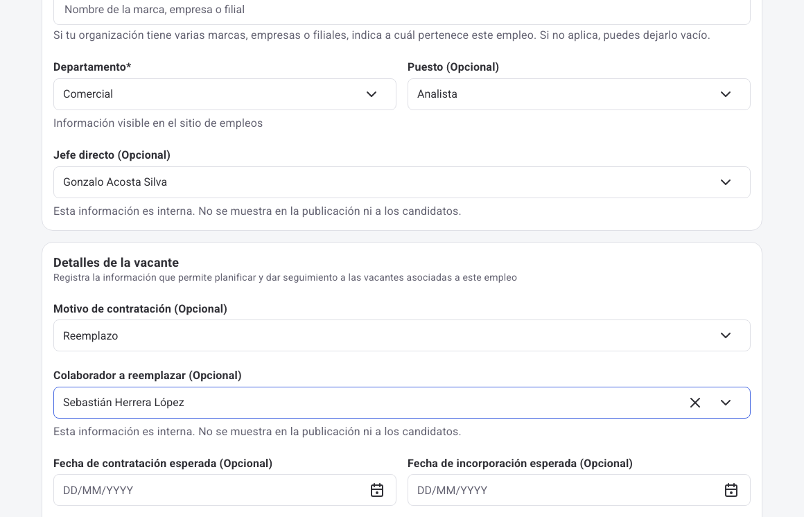 Formulario Nuevo empleo con departamento Comercial, puesto Analista, jefe directo, motivo Reemplazo y colaborador a reemplazar