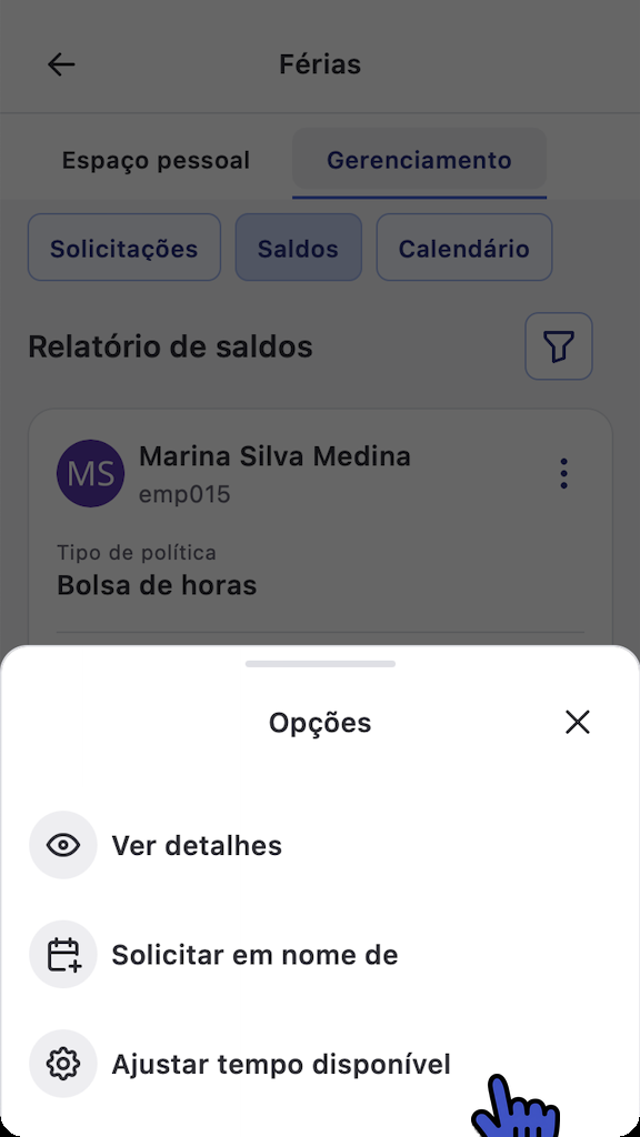 Menu Opções com a opção Ajustar tempo disponível